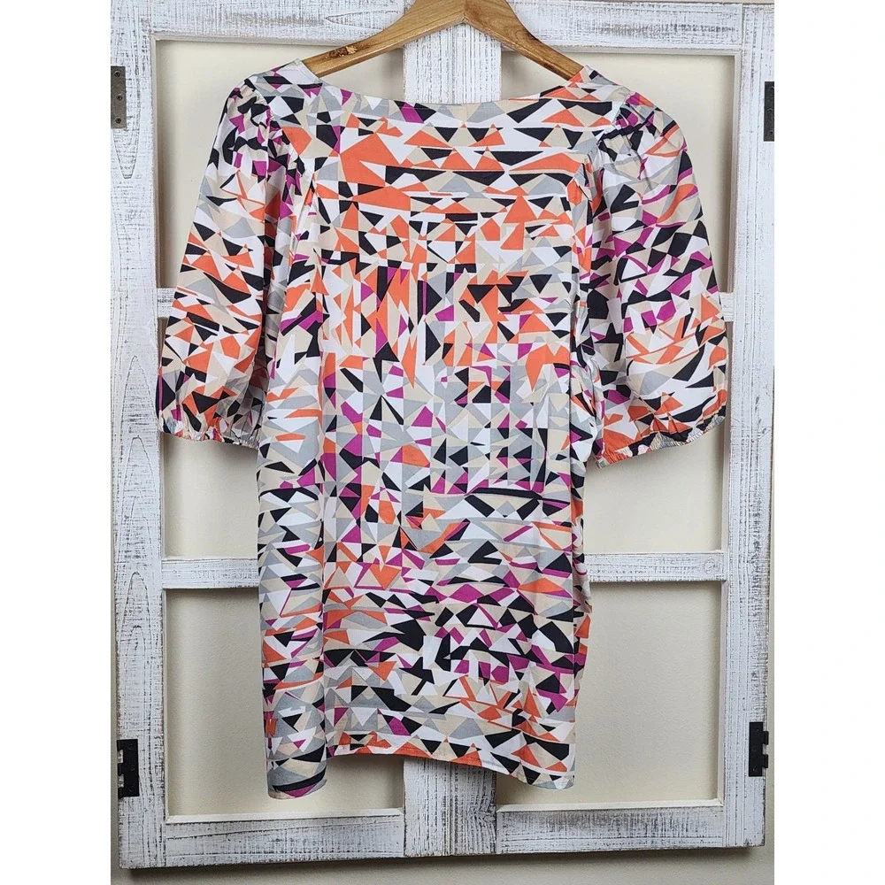 LOFT Geometric Triangle Print Puff Sleeve Blouse Orange Pink Black Large